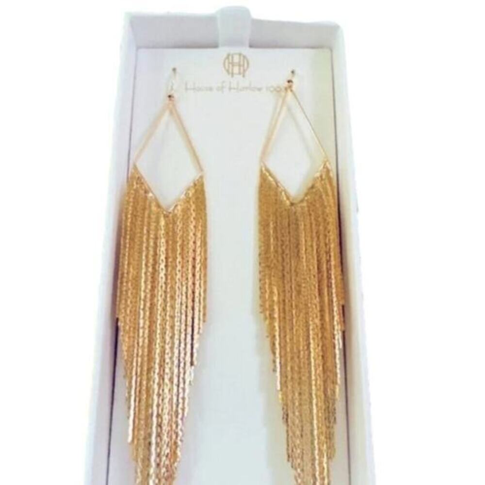 House of Harlow 1960 Gold Fringe chain waterfall liquid gold Earrings 6 inches